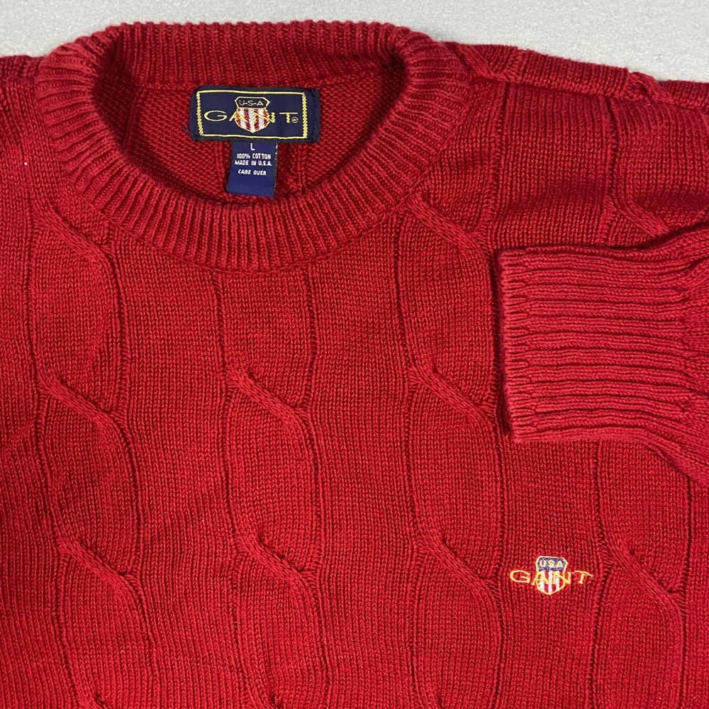 Vintage Gant Cable Knit Sweater Mens Large Red USA Made Cotton Crewneck Logo
